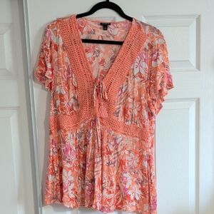 torrid Coral Floral Crochet-Trim V-Neck Tunic
